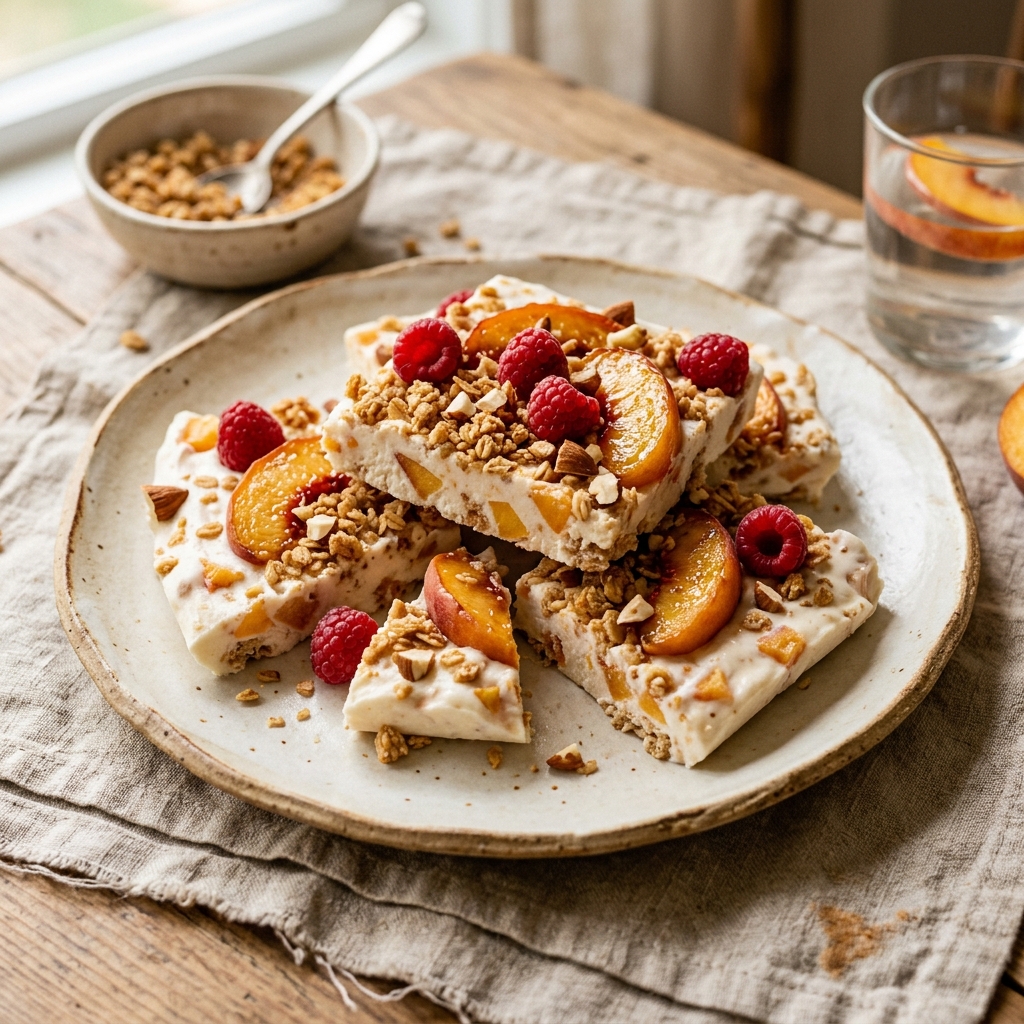 Peach Crumble Protein Yogurt Bark